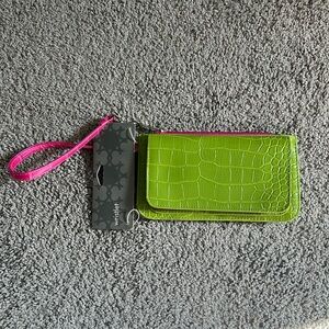 Green And Pink Croc-Embossed Wristlet